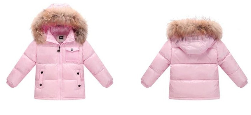 the picture is showing winter jacket for girls front view and back view color light pink