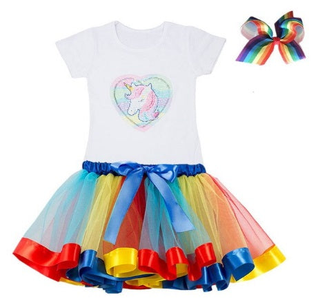 Unicorn T-Shirt, Rainbow Tu-tu Skirt and Hair Bow