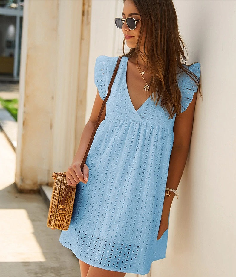 Solid Hollow Out Lace Short V-Neck Butterfly Sleeve Casual Loose Dress