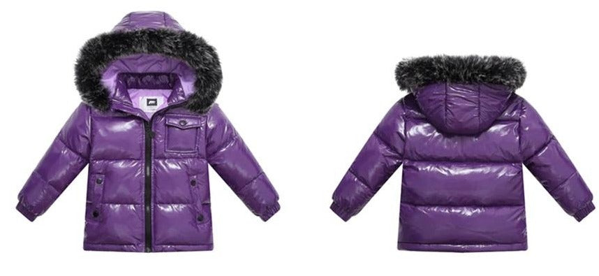 the picture is showing winter jacket for girls front view and back view color purple