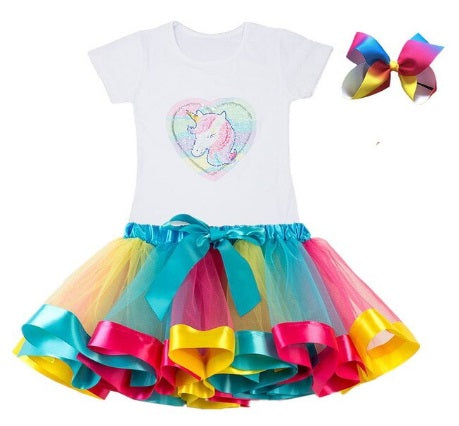 Unicorn T-Shirt, Rainbow Tu-tu Skirt and Hair Bow