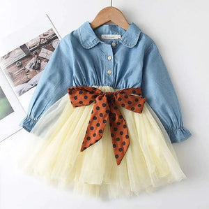 Denim Shirt Dress for Girls with Long Sleeve and silky waist belt front view