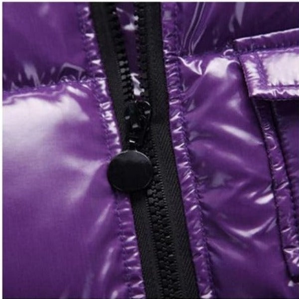 this picture is taking a closer look at the minimalistic zipper of girls winter jacket