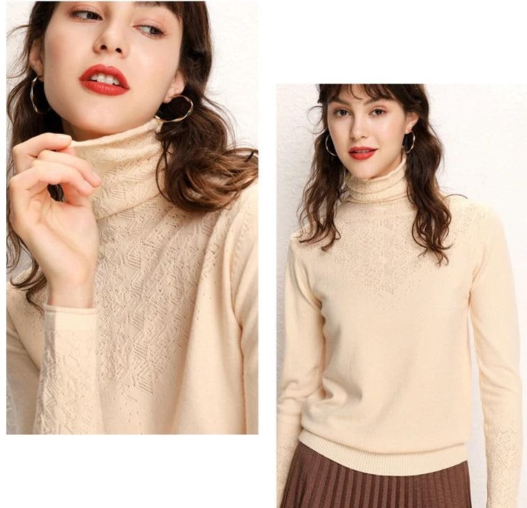 a beautiful young woman wearing cashmere turtleneck with adorable decor 