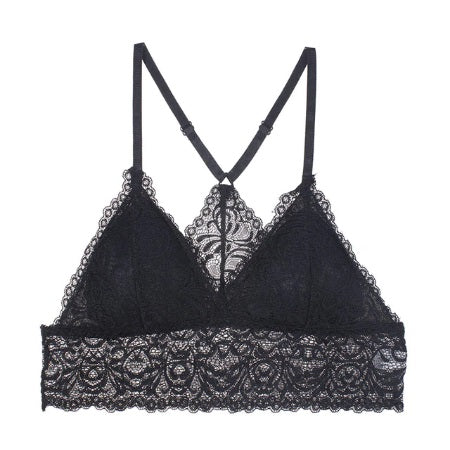 French Style X-Back Lace Triangle Cup Deep V Wireless Soft Thin Seamless Bralette