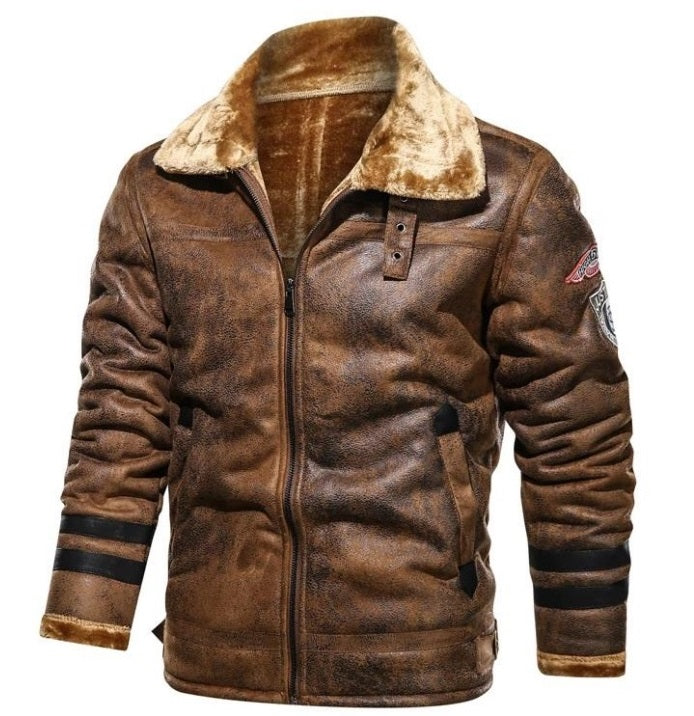 Windproof PU Leather Motorcycle Jacket with Faux Fur Collar