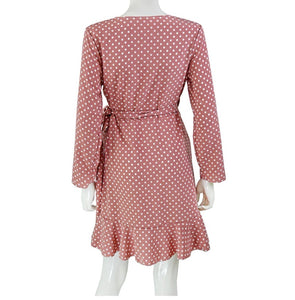 Elegant Polka Dot Ruffle Wrap Dress Full Sleeve Asymmetrical Dress
