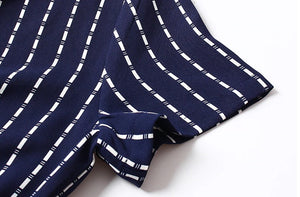 Elegant V-neck Casual A-Line Midi Dress Vintage Striped Sashes Lace-up Sundress