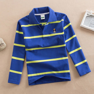 blue Striped Polo Shirt with Turn-down Collar and Long Sleeves for 5 year old