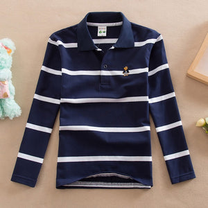 dark blue Striped Polo Shirt with Turn-down Collar and Long Sleeves for 12 year old