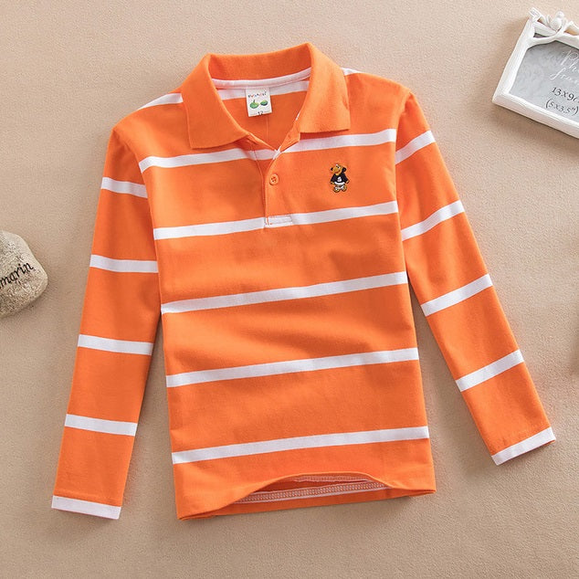 orange Striped Polo Shirt with Turn-down Collar and Long Sleeves for kid from 3T to 15