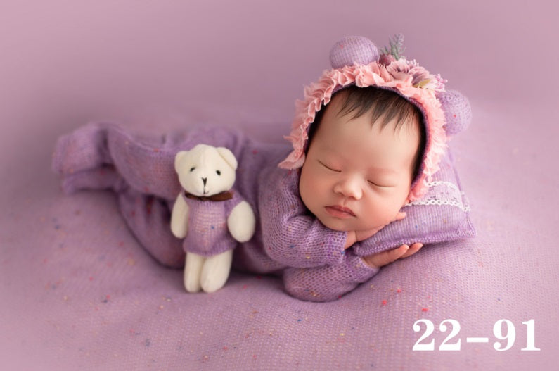 Newborn Photography Props, Long Sleeved Baby Jumpsuit, Bonnet, Bear Doll, Pillow, 4 Pcs Set