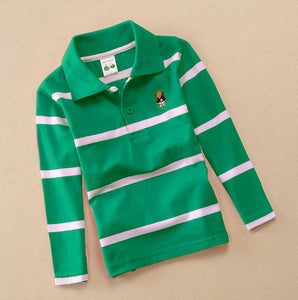 green Striped Polo Shirt with Turn-down Collar and Long Sleeves for kid from 3T to 15