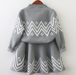 Winter Geometric Pattern Suit, Top and Skirt, Long Sleeve