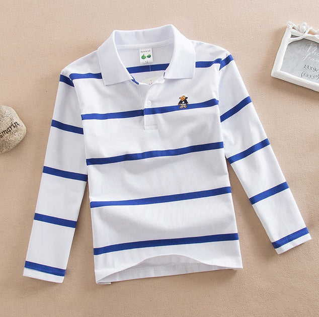 white Striped Polo Shirt with Turn-down Collar and Long Sleeves for boys