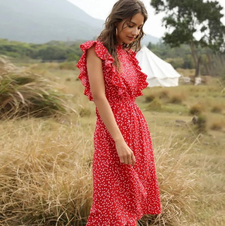 Bohemian Dot Print Casual Butterfly Sleeve Ruffles Medium Long Chiffon Dress