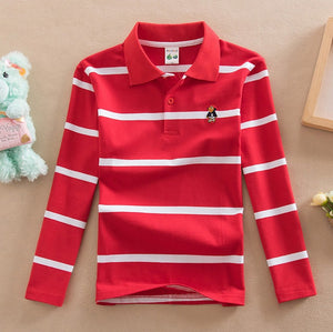red Striped Polo Shirt with Turn-down Collar and Long Sleeves for  9 year old