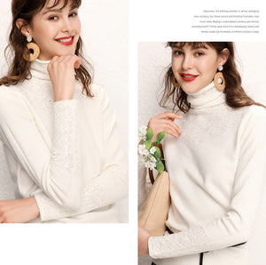 a besutiful young woman wearing white cashmere turtleneck sweater