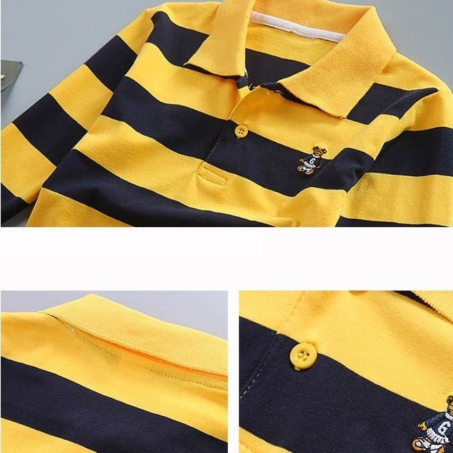 this photo is taking a close look at Striped kids Polo Shirt with Turn-down Collar and buttons