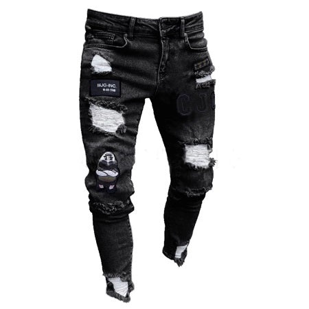 Stretchy Ripped Skinny Biker Embroidery Print Pencil Jeans