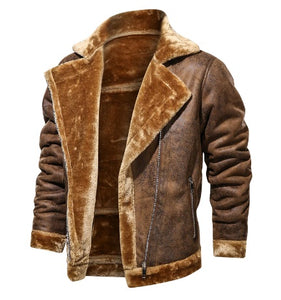 Thick Warm Windproof PU Leather Motorcycle Jacket with Faux Fur Collar