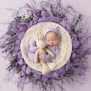 Premium Handmade Mink Yarn Newborn Photography Props, Footed Romper and Bonnet