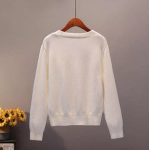 V Neck Pearl Single Breasted Loose Short Thicken Sweater Sweet Long Sleeve Knitting Top