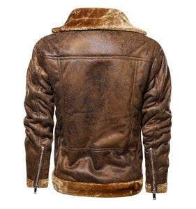 Thick Warm Windproof PU Leather Motorcycle Jacket with Faux Fur Collar