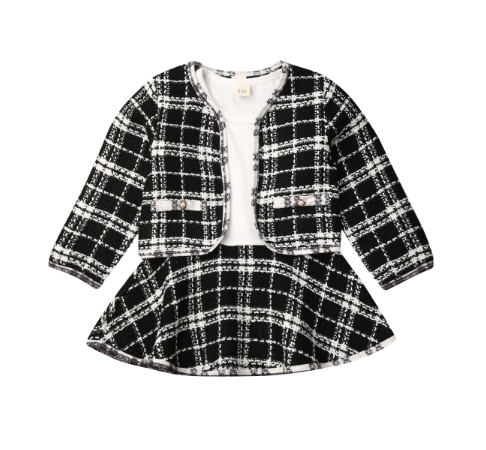 Girl Plaid Skirt Outfit Jacket Coat & Tutu Dress, Long Sleeve Fall Winter Clothes, 2 Pcs Set