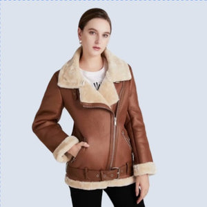 Fur Long Sleeved Loose Belt Warm Women's Jacket Lamb Wool Winter
