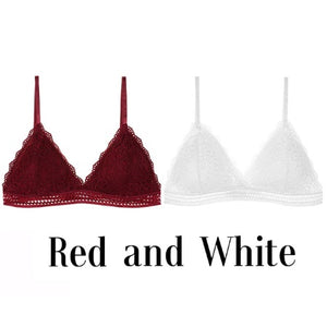 French Style Lace Triangle Cup Deep V Wireless Soft Thin Seamless Bralette, 2Pcs Set