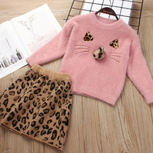 Leopard Print Warm Winter Suit for Girls, Long Sleeve Top and Skirt, 2 Pcs
