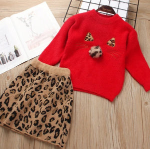 Leopard Print Warm Winter Suit for Girls, Long Sleeve Top and Skirt, 2 Pcs