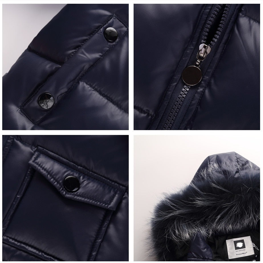 This picture is taking  a close look at another 4 outstanding features of the winter coat for youth. The top left shows that the side pockets have snaps so they will never lose their shape even if your little one often keeps their hands in the pockets. The top right features the zipper which has perfectly matching color and minimalistic decor. The bottom left is featuring chest pockets with snaps so your little one's tiny treasures won't fall out. The bottom right features gorgeous real fur hood decor