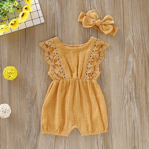 Summer Lace Ruffle Romper and Headband Set for Baby Girls