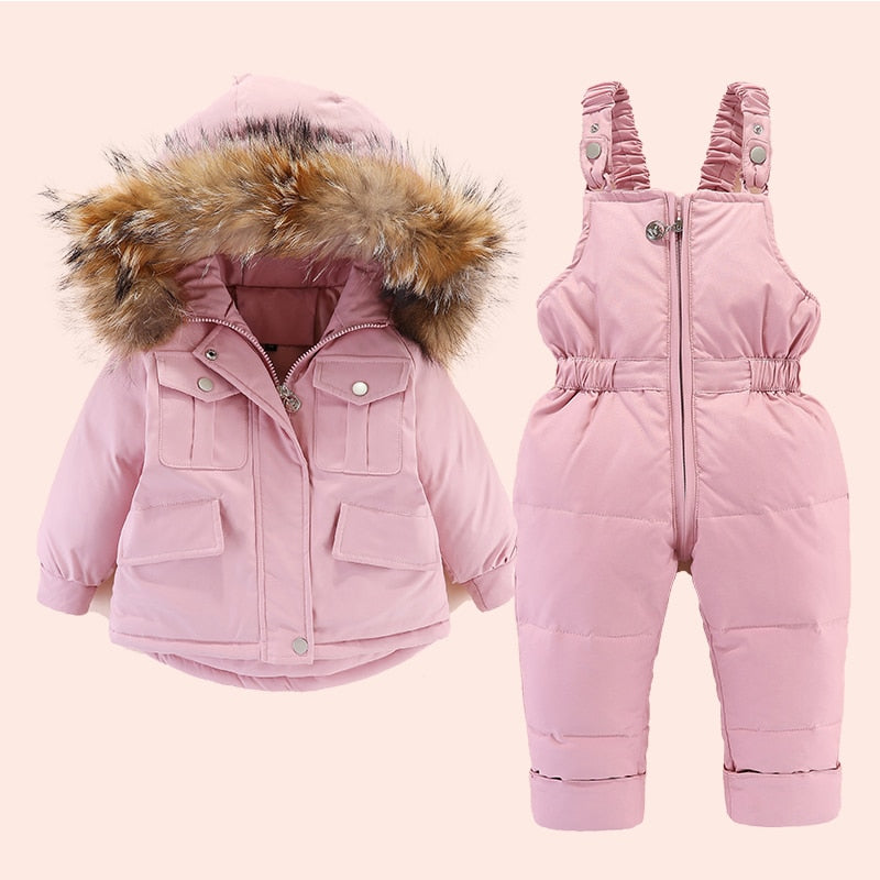 pink Baby Winter Jumpsuit and Jacket on a white backgground