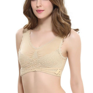 a gorgeous lady wearing a nude wireless cross lace bra