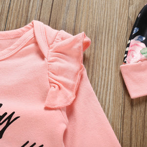 Baby Girl Clothes Set, Letter Romper+Print Pants+Cap, 3 Pcs Set