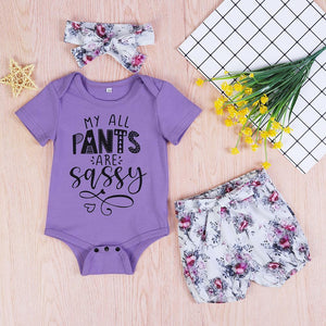 Baby Girl Summer Suit, Short Sleeve Ribbed Letter Printed Bodysuit, Floral Shorts and Headband 3Pcs Set