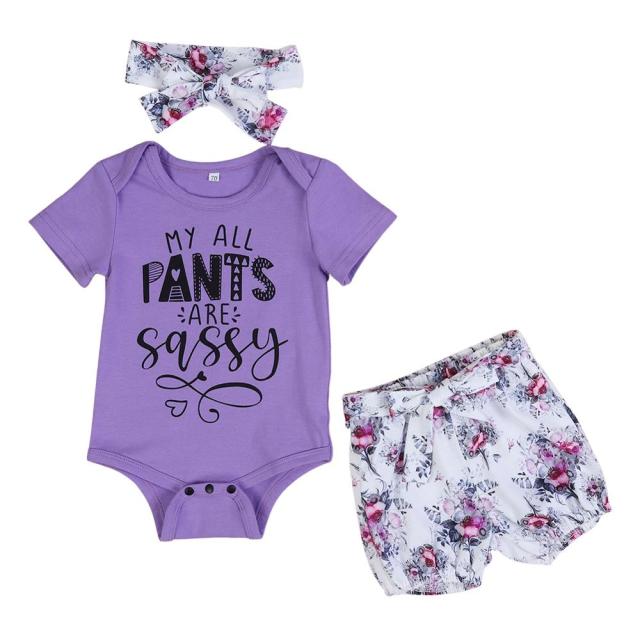 Baby Girl Summer Suit, Short Sleeve Ribbed Letter Printed Bodysuit, Floral Shorts and Headband 3Pcs Set