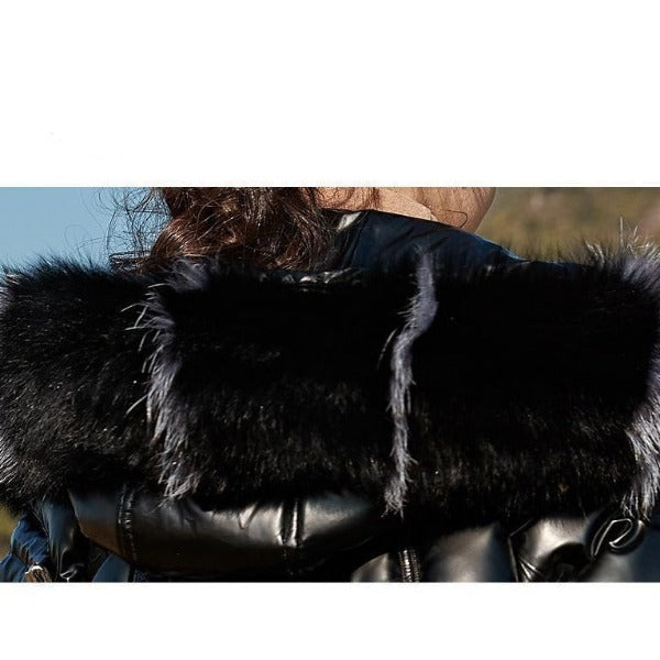 this picture is featuring the gorgeous fur hood of our quilted long  coat