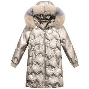 quilted long coat silver color metallic shine
