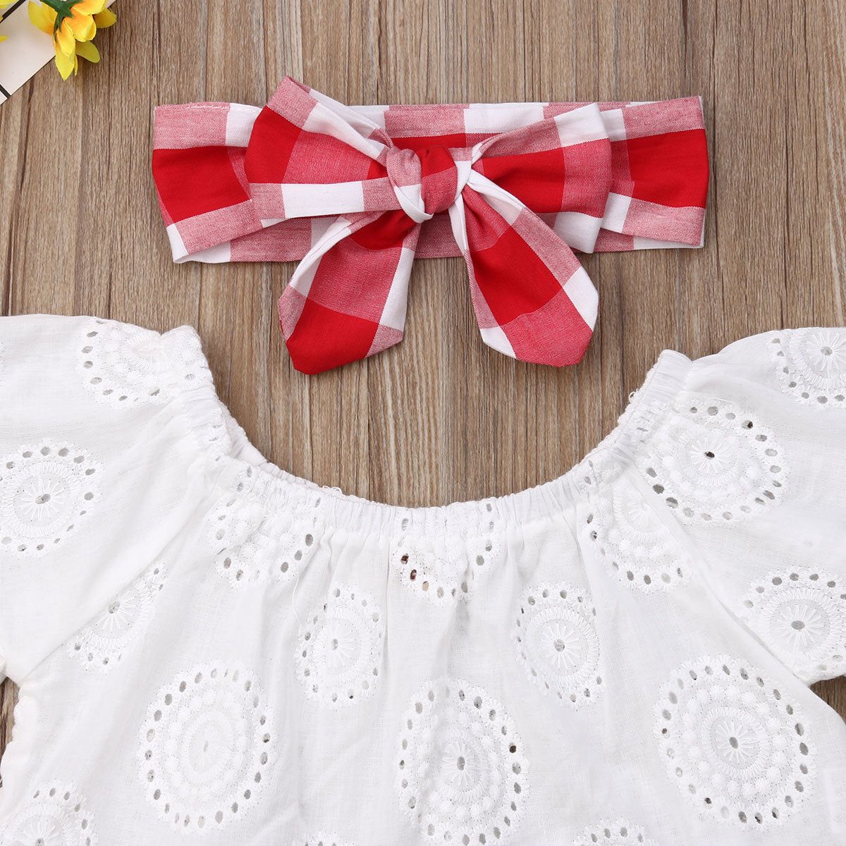 Baby Girl Clothes Summer | Off Shoulder Lace Tops+ Red Plaid Short Dress Headband Outfit