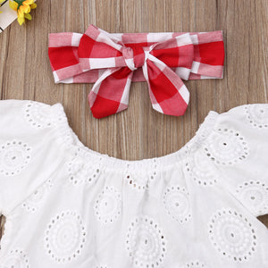 Baby Girl Clothes Summer | Off Shoulder Lace Tops+ Red Plaid Short Dress Headband Outfit