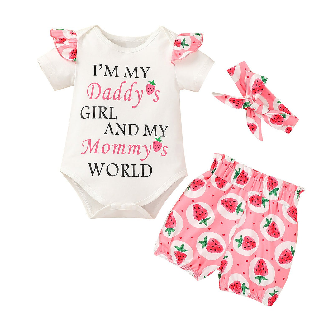 Baby Girl Summer Suit, Letter Printed Romper, Shorts and Headband, 3 Pcs Set