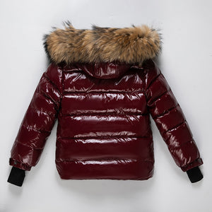 back view womens red winter coat with fur hood