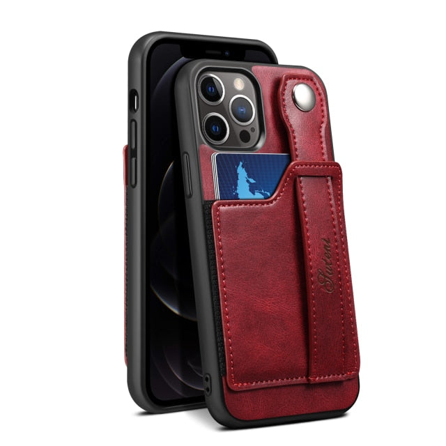  leather mobile phone cases with card holder wine colour