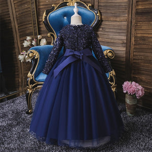 royal blue dres for flower girl - back view - sequin top, tu tu skirt and a gorgeous satin bow