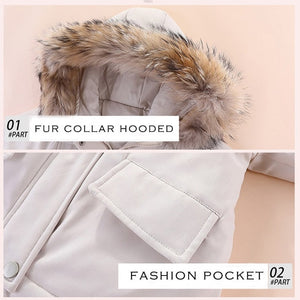 our Snow Toddler Puffer Jacket & Jumpsuit Set Description has fur collar hood and 2 pockets