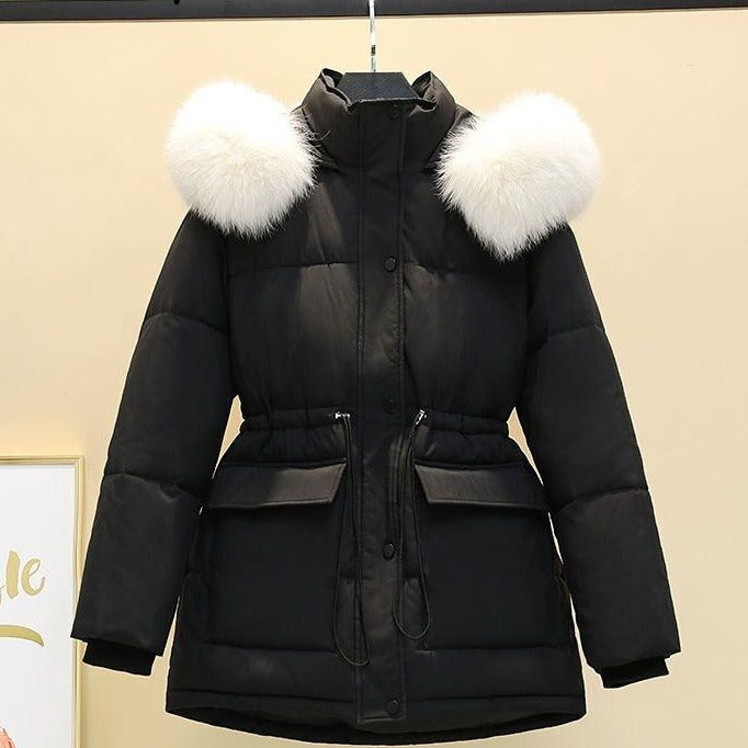 Women's Winter Jacket Students Solid Hooded Large Fur Parkas Drawstring Slim Fashion Warm Coat Female Snow Wear Outwear